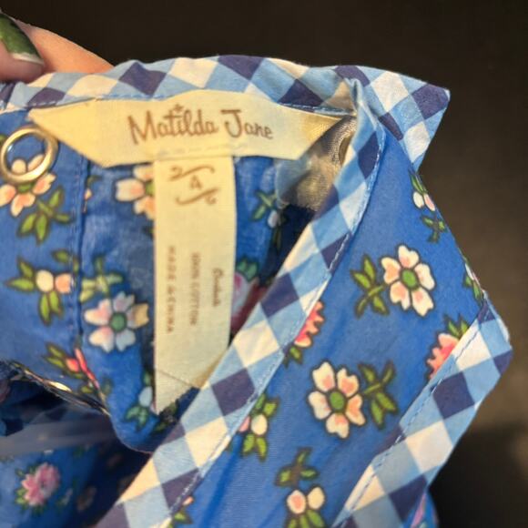 Matilda Jane Girls 2 Pc Top & Shorts Set Blue Floral Gingham Lace Size 4 - Picture 5 of 5
